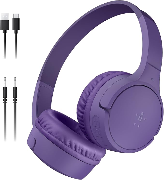 Belkin SoundForm Mini - Wireless Bluetooth Kids Headphones, 30H Battery, 85dB Safe Volume Limit, Built-in Microphone - Toddler On-Ear Earphones for iPhone, iPad, Fire Tablet, Ideal for School - Purple