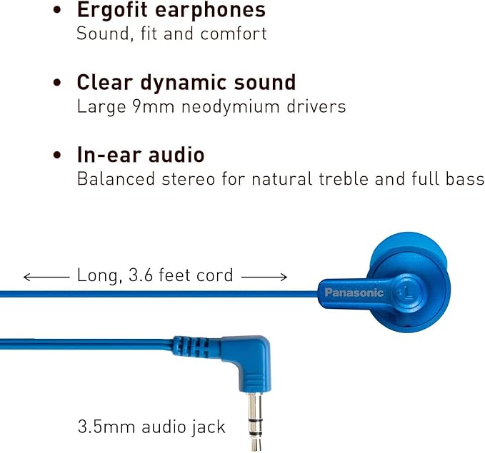 Panasonic ErgoFit Wired Earbuds, 3.5mm Jack in-Ear Headphones with Dynamic Crystal-Clear Sound and Soft Ergonomic Custom-Fit Earpieces (S/M/L), for Phones and Laptops - RP-HJE120-AA (Metallic Blue)