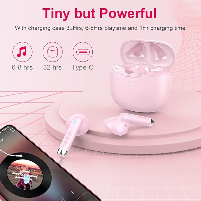 Wireless Earbuds, Bluetooth 5.4 Earbuds Stereo Bass, Bluetooth Headphones in Ear Noise Cancelling Mic, Wireless Earphones IP7 Waterproof Sports, 32H Playtime Mini USB C Charging Ear Buds Light Pink