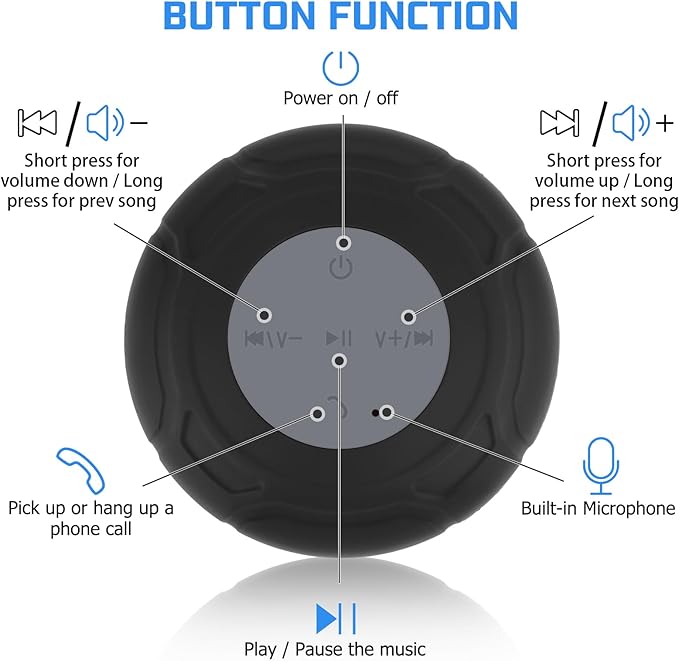 Waterproof Bluetooth Shower Speaker Portable Wireless Water-Resistant Speaker Suction Cup,Built-in Mic Gifts for Kids Speakerphone for iPhone Phone Tablet Bathroom Kitchen - Black