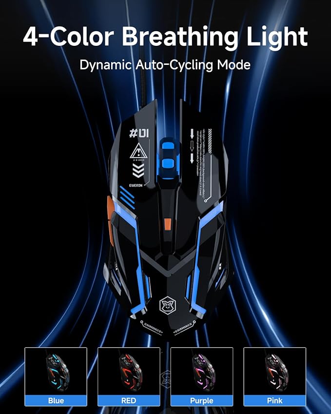 EWEADN G10 Wired Gaming Mouse, Computer Mouse with RGB Backlit, 3200 DPI Adjustable, Quiet Clicks, Ergonomic Mouses with 6 Buttons and 4.2FT Cord, USB Mouse for PC/Win/Laptop, Black