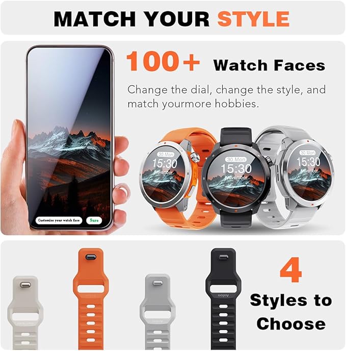 GPS Smart Watch for Men, 1.43'' AMOLED Smartwatch with Compass/Barometer/Altimeter, Heart Rate/Sleep Monitor, 30M Waterproof, 60+ Sports Fitness Tracker for Android/iOS, Gray & Orange (2 Bands)