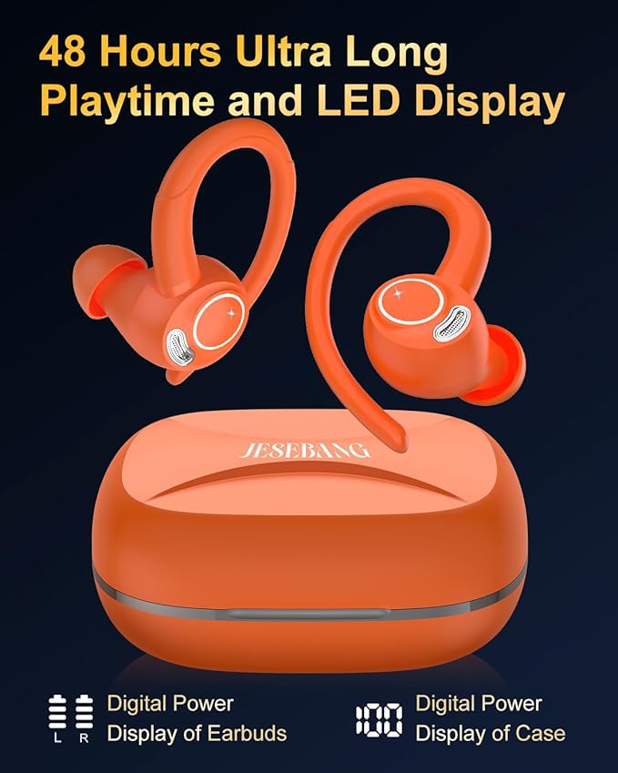Wireless Earbuds, Bluetooth 5.4 Headphones Sport, Over Ear Buds With ENC Noise Cancelling Mic, 48H, Wireless Earphone With Earhooks, Stereo Deep Bass, IP7 Waterproof ear bud for Workout Running,Orange