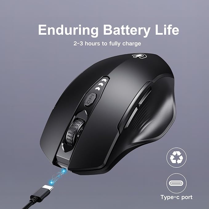 Wireless Bluetooth Mouse,[Upgraded] Rechargeable (BT 5.0/4.0+2.4G Hz),Computer Mouse with Visible Battery Level, 4 Adjustable DPI, Portable PC Mouse for MacBook Chromebook,Black
