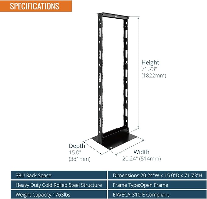 Tecmojo 38U 2-Post Open Frame Server Rack– 19" Network, Server, AV, Data & IT Equipment, Telecom & Patch Panel Mount, 1763 lbs Capacity, Black, Square Holes