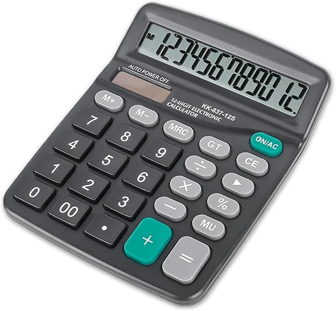 Marte Vanci 12 Digits Calculator with Large LCD Display, Desktop Basic Calculator with Big Buttons, Solar Power and AA Battery, for Office, Home, School(Black)