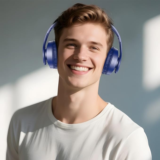 TUINYO Bluetooth Headphones Wireless, Over Ear Stereo Wireless Headset 40H Playtime with deep bass, Soft Memory-Protein Earmuffs, Built-in Mic Wired Mode PC/Cell Phones/TV-Dark Blue
