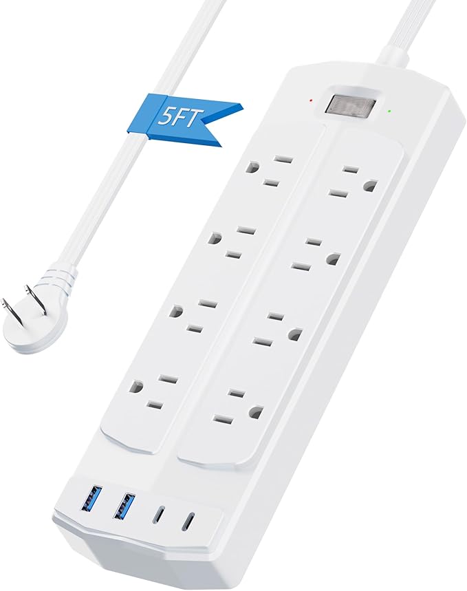 2 Prong Power Strip, Yozisital 2 Prong to 3 Prong Outlet Adapter, 5FT Flat Plug Extension Cord with 8 Outlets 4 USB Ports(2 USB C), Wall Mountable Surge Protector, Ideal for Non-Grounded Outlets