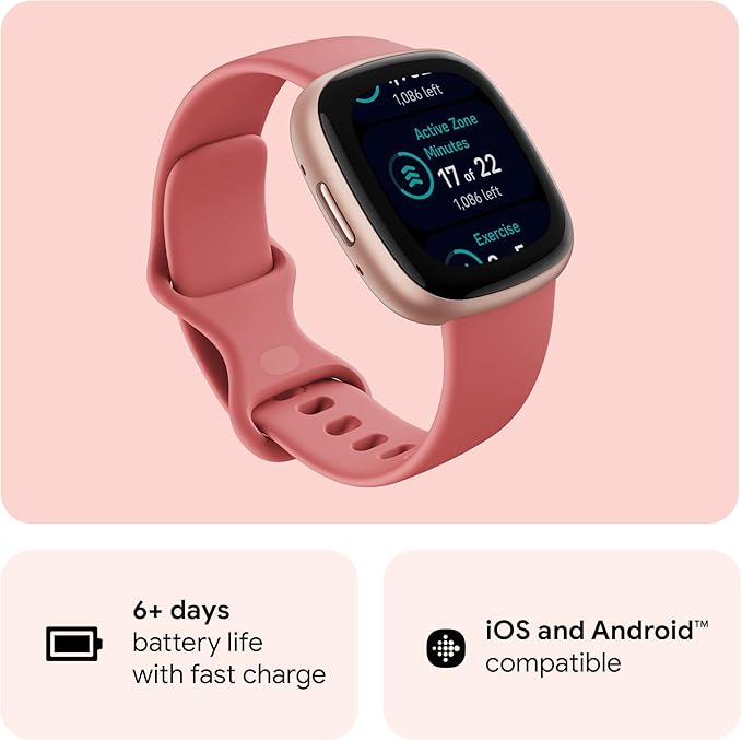 Fitbit Versa 4 Fitness Smartwatch with Daily Readiness, GPS, 24/7 Heart Rate, 40+ Exercise Modes, Sleep Tracking and more, Pink Sand/Copper Rose, One Size (S & L Bands Included)