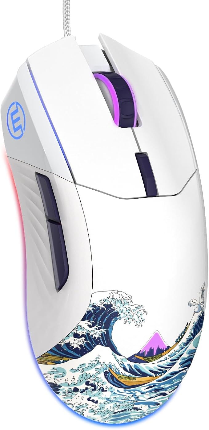 Womier G705 USB Wired Gaming Mouse for PC Computer Windows Mac Laptop, Lightweight Silent RGB Backlit Mouse with Adjustable 12000DPI/7 Programmable Side Buttons,White Kanagawa Theme