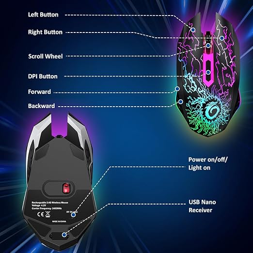 VersionTECH. Wireless Gaming Mouse, Rechargeable Computer Mouse Mice with Colorful LED Lights, Silent Click, 2.4G USB Nano Receiver, 3 Level DPI for PC Gamer Laptop Desktop Chromebook Mac-Black