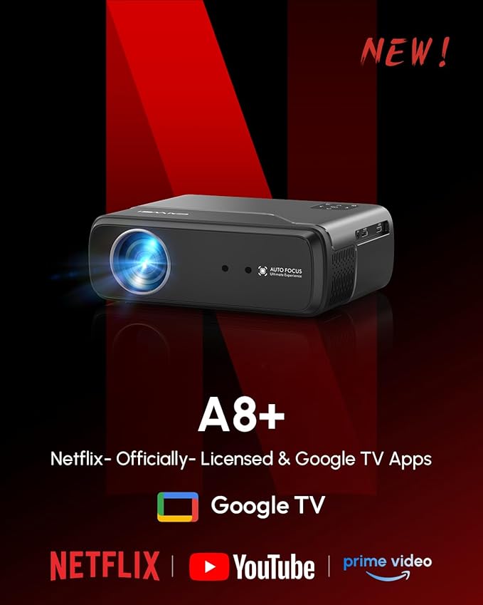 4K HDR Google TV Projector with Netflix Licensed Ultra HD Portable Smart Projector with Wifi6 and Bluetooth 5.4 , HDMI ARC, Dolby Audio, NFC, Auto Focus for Home Theater, Outdoor Movie Indoor, Bedroom