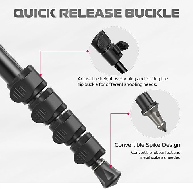 ULANZI TB12 61-Inch Camera Monopod - Portable Tripod & Monopod Photography Stick with 5-Section Height, Aluminum Compact Travel Camera Stick for Canon, Nikon, Sony Mirrorless, DSLR, Easy to Carry