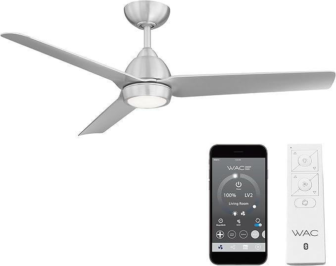 WAC Smart Fans Mocha Indoor and Outdoor 3-Blade Smart Home Ceiling Fan 54in Brushed Aluminum with 3000K LED Light Kit and Remote Control works with Alexa and iOS or Android App
