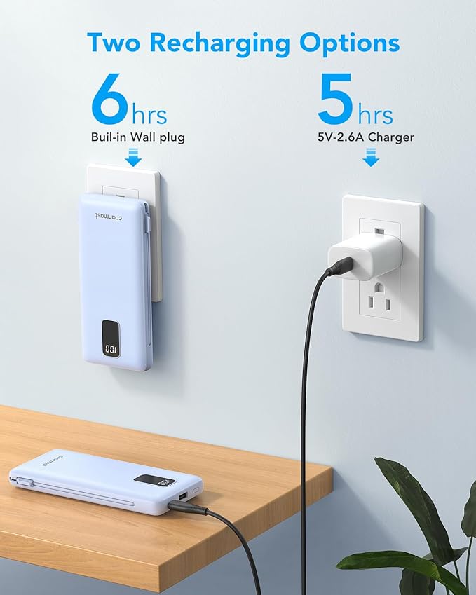 charmast Portable Charger with Built-in Cables & Wall Plug, 10000mAh Portable Power Bank, External Battery Pack Travel Essentials Compatible with iPhone 16/15/14/13, Samsung, iPad etc