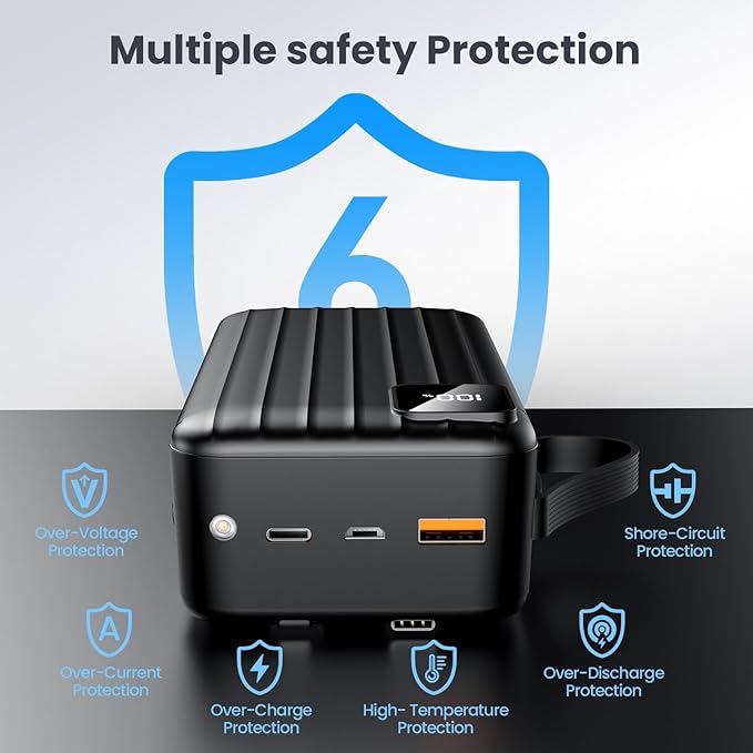 Portable Charger 50000mAh Power Bank with 2 Built-in Cable,22.5W Fast Charging External Battery Pack,LED Display USB-C Portable Cell Phone Charger for iPhone 16/15/14/13 Pro,Android,Samsung Galaxy,Etc