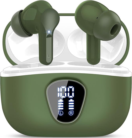 Wireless Earbuds, Bluetooth 5.4 Headphones HiFi Stereo, Bluetooth Earbuds with ENC Noise Cancelling Mic, IP7 Waterproof in Ear Earphones, 48H, LED Display Ear buds for Pad Workout Sports, Retro Green