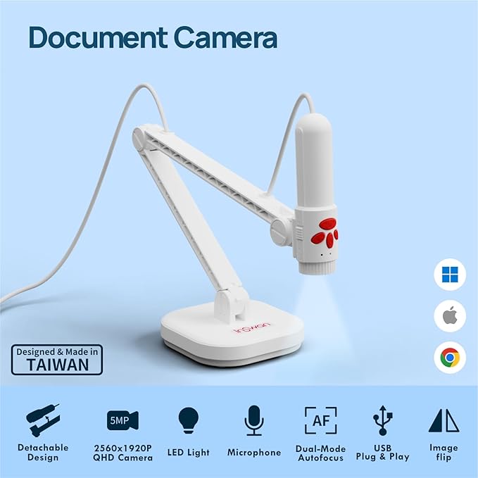 INSWAN INS-3 Handheld Webcam/USB Document Camera for Classroom, Built-in Mic, Light, Auto Focus, Windows, Mac OS, iPad OS, Chromebook for Close-up Demo, Distance Learning, Web Conferencing, IWBs