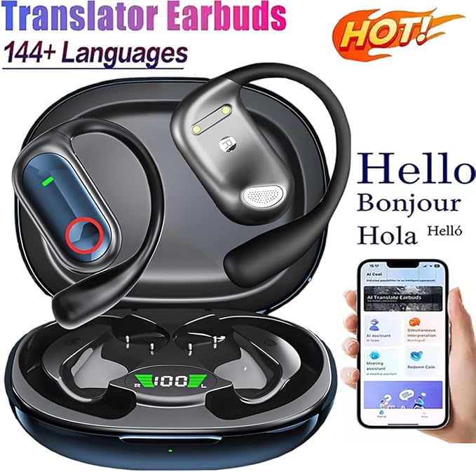 Ai Translation Earbuds Headphones Real Time 144 Languages Audifonos Traductores Inglés Español, Open Ear Wireless Earphones Perfect for Travel, Business & Language Learning,Dark Blue