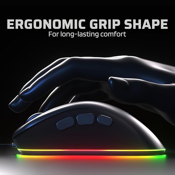LTC GM-031 Wired Gaming Mouse, 7200 DPI Adjustable, 6 Programmable Macro Buttons, 4 RGB Backlit Mode, Ergonomic Shape, Software Support for Customization, Black