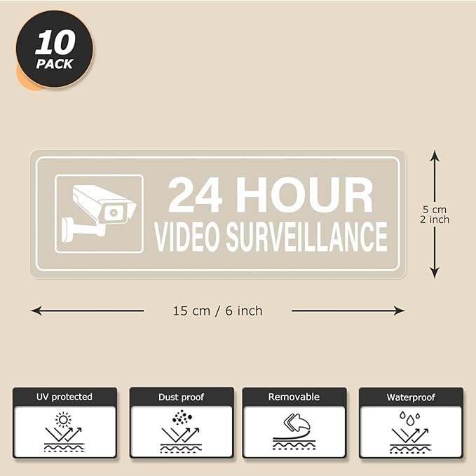 Video Surveillance Sticker Vinyl 6 x 2 Inch 24 Hour CCTV Camera Warning Security Decal for Window Door Business 10 Pack