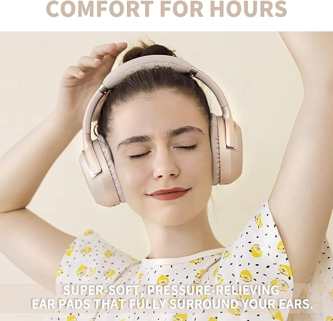 Bluetooth Headphones Over Ear Headphones Noise Cancelling with Mic, 80H Playtime and Stereo Surround Sound Wireless Bluetooth Headset for Home Office Cellphone PC, Rosegold