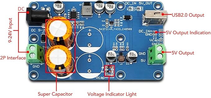 Super Capacitor UPS 5V3A Output, Compact Design with Power Indicator for RPI Uninterruptible Power Supply (2S)