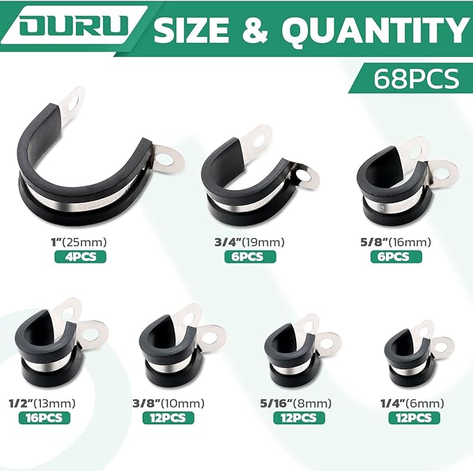 68PCS Cable Clamps Assortment Kit,7 Sizes Stainless Steel Rubber Coated Cushioned Insulated Cable Clamps-Metal Wire Clamps,Pipe Clamps for Tube,Lines