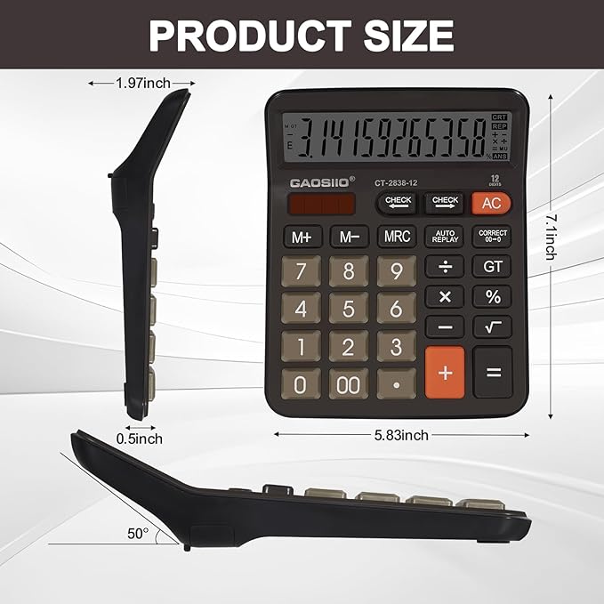 Desktop Calculator, Extra Large 5 Inch LCD Display, Desk Calculator, 12 Digits, Calculators with Big Buttons, Solar and AAA Battery Dual Power,Office Calculators for Business School Home(Black)