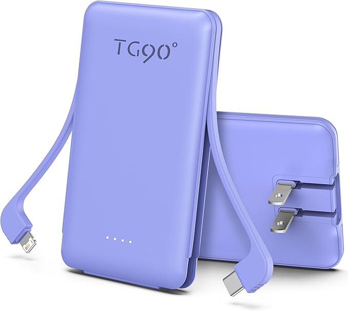 TG90° Portable Phone Charger Ultra Mini Power Bank with Built-in Foldable AC Wall Plug and Cables,5000mAh External Battery Pack Compatible with iPhone 17 16 15 14 Android Smart Devices