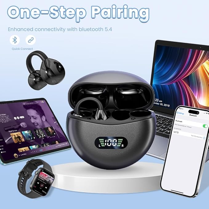 Clip on Earbuds Open Ear Wireless Bluetooth 5.4 Headphones with Mic,60H Play,Noise Cancelling,Waterproof,Sports Ear Buds,Comfortable for Small Ears & Glasses Wearers,Workouts (Black)