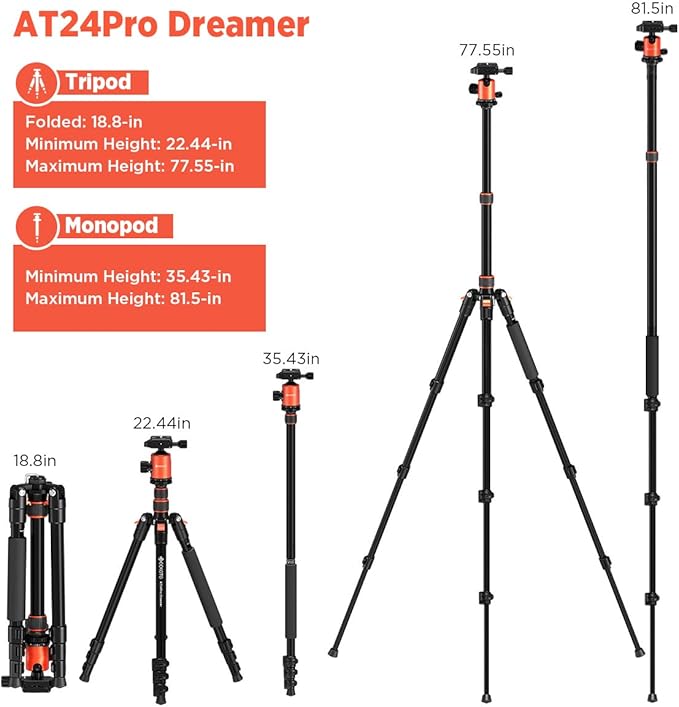 GEEKOTO 77’’ Tripod, Camera Tripod for DSLR, Compact Aluminum Tripod with 360 Degree Ball Head and 8kgs Load for Travel and Work