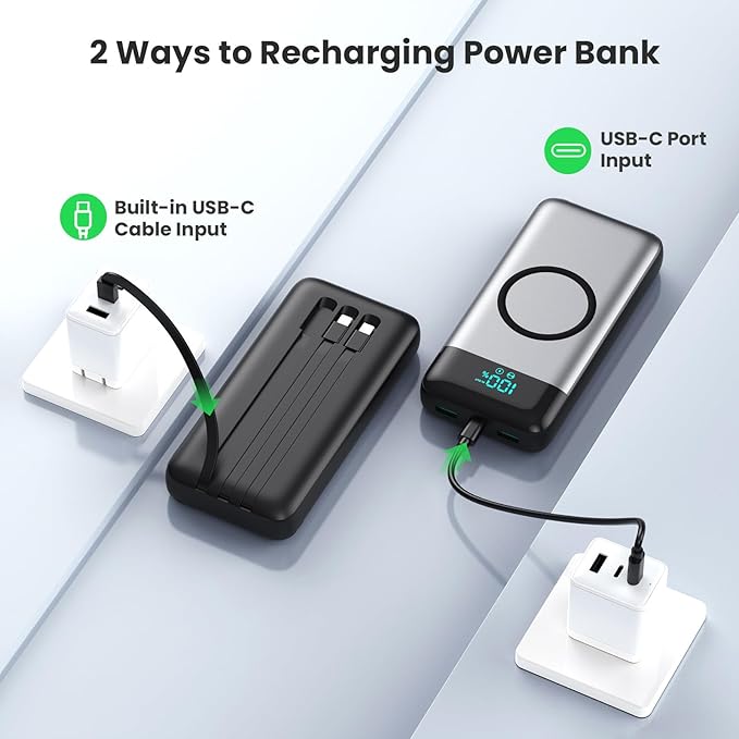 Wireless Portable Charger 40800mAh for iPhone with 3 Built-in Cables,7-in-1 15W Wireless Charging USB C Power Bank,LCD Display 25W PD QC 4.0 Fast Charging Battery Pack for iPhone 16/15/14,Android etc