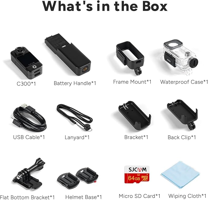 SJCAM C300 Pocket Travel Action Camera 4K,7Hour Power,154° Wide FOV Video Recording,6-Axis Stabilization,Dual-Touch Screen Body Camera,30M Waterproof,Vlogging and Youtube Live Streaming,Black 64G card