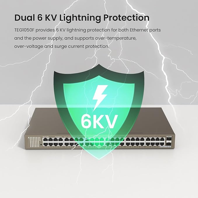 Tenda TEG1050F, 48 Port Gigabit Switch, Unmanaged Ethernet Switch with 48 Gigabit Ports & 2 SFP Slots, Plug & Play, Desktop/ Rack-Mount, Fanless & Metal Design, Limited Lifetime Protection