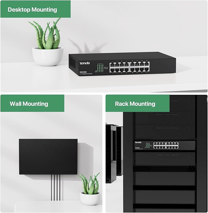 Tenda TEG1016D, Unmanaged 16 Port Gigabit Switch, Rackmount Ethernet Switch, Plug & Play, Fanless & Metal Design Network Switch, Limited Lifetime Protection