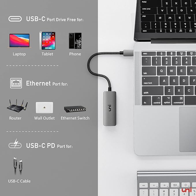 uni USB C to Ethernet Adapter with 100W Charging Port, RJ45 to USB C 1Gbps Type-C Gigabit Ethernet LAN Network Adapter Power Delivery PD for Laptop, MacBook Pro/Air, Dell XPS, Chromebook, Surface book