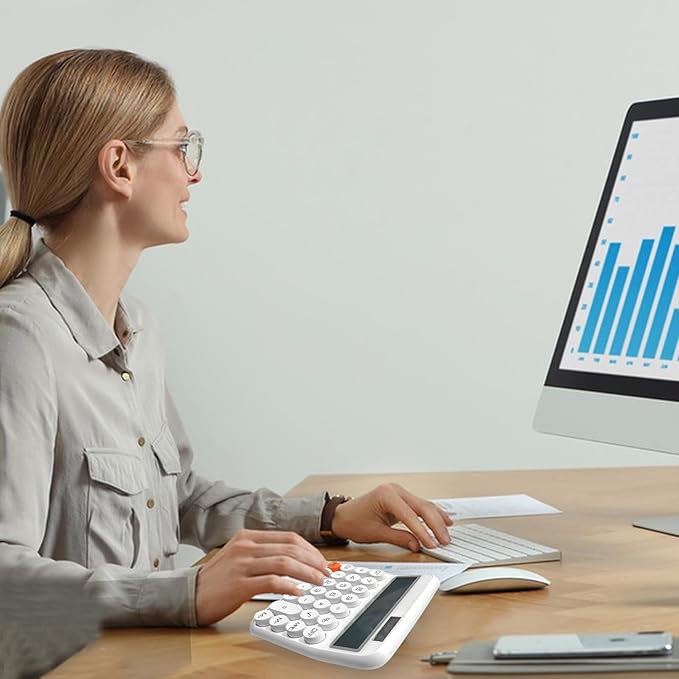 White Calculator, Standard Calculator 12 Digit with Large LCD Display and Big Buttons, White Office Supplies and Desk Accessories for Home, Office, School, Class and Business