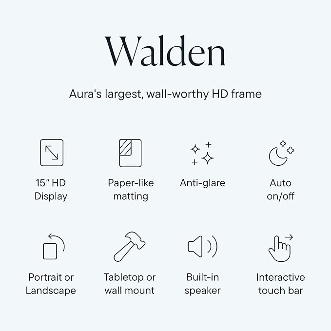 Aura Walden 15" WiFi Digital Picture Frame | Wirecutter's Best Digital Frame for Gifting | Send Photos from Your Phone | Quick, Easy Setup in Aura App | Free Unlimited Storage | Ink with White Mat