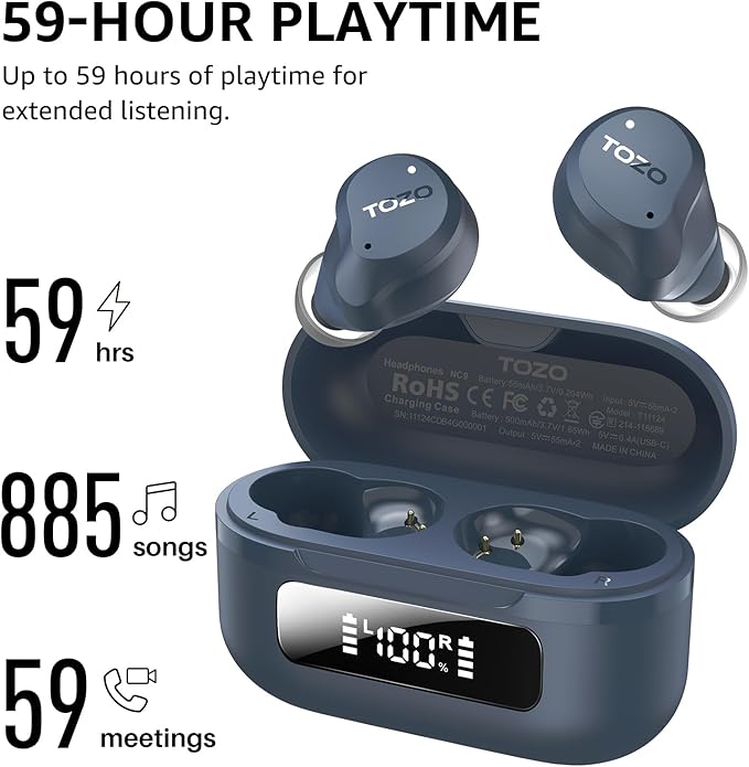 TOZO NC9 Hybrid Active Noise Cancelling Wireless Earbuds, 6 Mics ENC Clear Call, IPX8 Waterproof, in Ear Bluetooth 5.3 Headphones Stereo Bass Ear Buds 59H Playtime with LED Display 32 EQs via APP