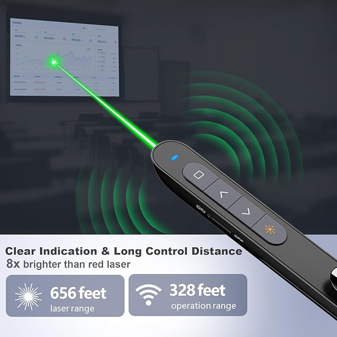 Norwii N76 Rechargeable Presentation clicker with Pointer, Long Range Presentation Remote, Wireless Presenter for PowerPoint Presentations, Slide Control (Green Light)