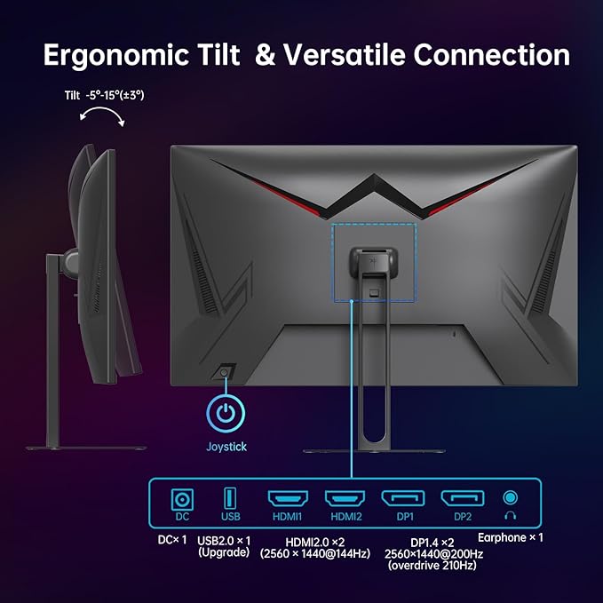 KTC 27 Inch QHD Gaming Monitor, 2K 200Hz Up to 210Hz 1ms Fast IPS Computer Monitor, HDR400, 1440P with Adaptive Sync, Built-in Speakers, HDMI Displayport, Tilt Adjustment, VESA Compatible, H27T22C-3