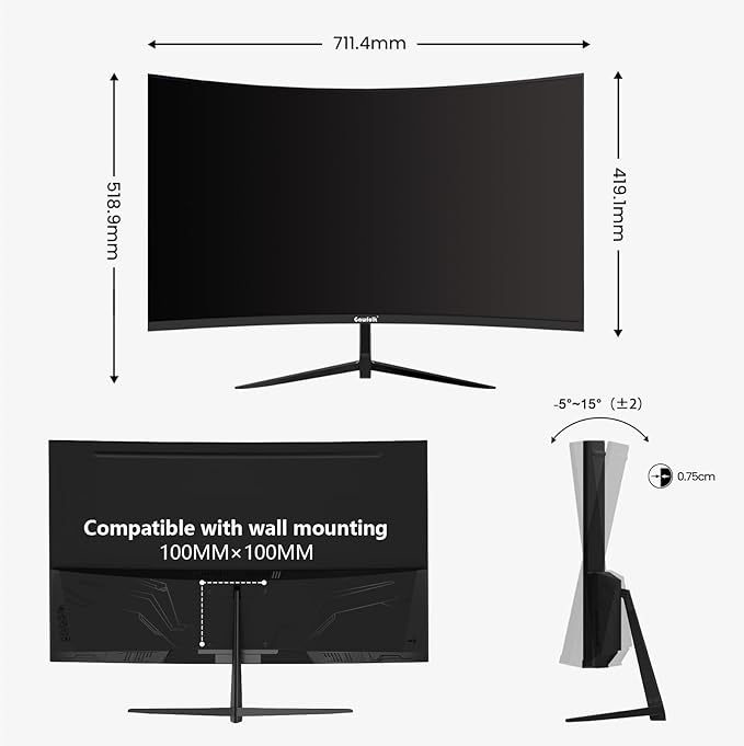 32 inch 2K QHD(2560×1440P) 165Hz Curved Gaming Monitor,PC Screen, 1ms，FreeSync, 98% sRGB，178° Wide Viewing Angle，DisplayPort、HDMI, Wall Mount Compatible 100 * 100MM Wall - Black