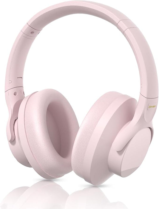ZIHNIC Active Noise Cancelling Headphones, 60H Playtime Wireless Bluetooth Headset Low Latency-Pink