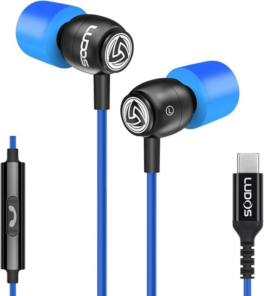LUDOS Clamor USB C Headphones for iPhone 16 15 Pro Max Plus iPad Pro, 5 Years Warranty, USB-C Earbuds for Samsung Galaxy S24 S23 Ultra S22 S21 FE S20 A55 A54 A53, USB Type C Earphones - Blue