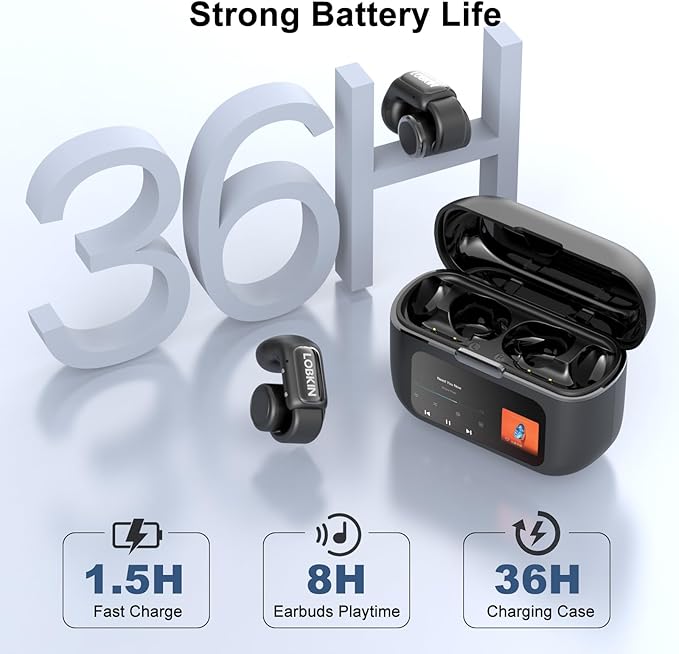 LOBKIN Open Ear Clip On Earbuds Wireless Bluetooth, Waterproof Clip On Headphones, Lightweight, Comfortable for Small Ears Women, Clip On Ear Buds with Mic, LED Display, Sports Running Workout Black