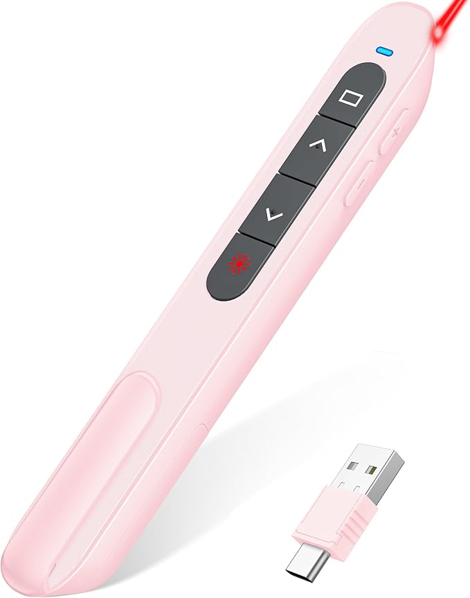 DinoFire Wireless Presentation Remote Presenter, RF 2.4GZ USB C Rechargeable Slide Clicker for Powerpoint Presentations for Laptop/Computer-Pink