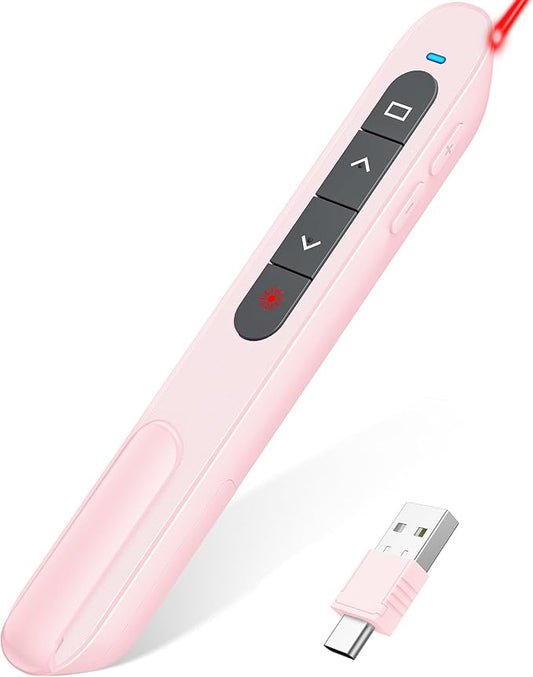 DinoFire Wireless Presentation Remote Presenter, RF 2.4GZ USB C Rechargeable Slide Clicker for Powerpoint Presentations for Laptop/Computer-Pink