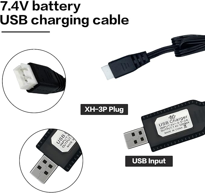 7.4V USB Charger Cable with XH-3Pin Plug - Universal Compatible RC Car, Plane, Tank, Boat and Other Remote Control Toys - 7.4V 2S Lipo Battery USB Charger with Battery Protection (2)