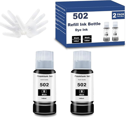 502 Black High Colour Accuracy Ink Bottles Replacement for Epson T502 522 for Refill Ecotank 2850 3850 15000 4850 4800 2400 4750 3760 3700 2760 2700 3830 4760 ST-4000 3000 2000 Printer 2 Bottles